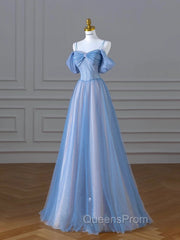 Classy A Line Spaghetti Straps Long Party Dress Blue Evening Prom Dress