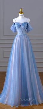 Classy A Line Spaghetti Straps Long Party Dress Blue Evening Prom Dress