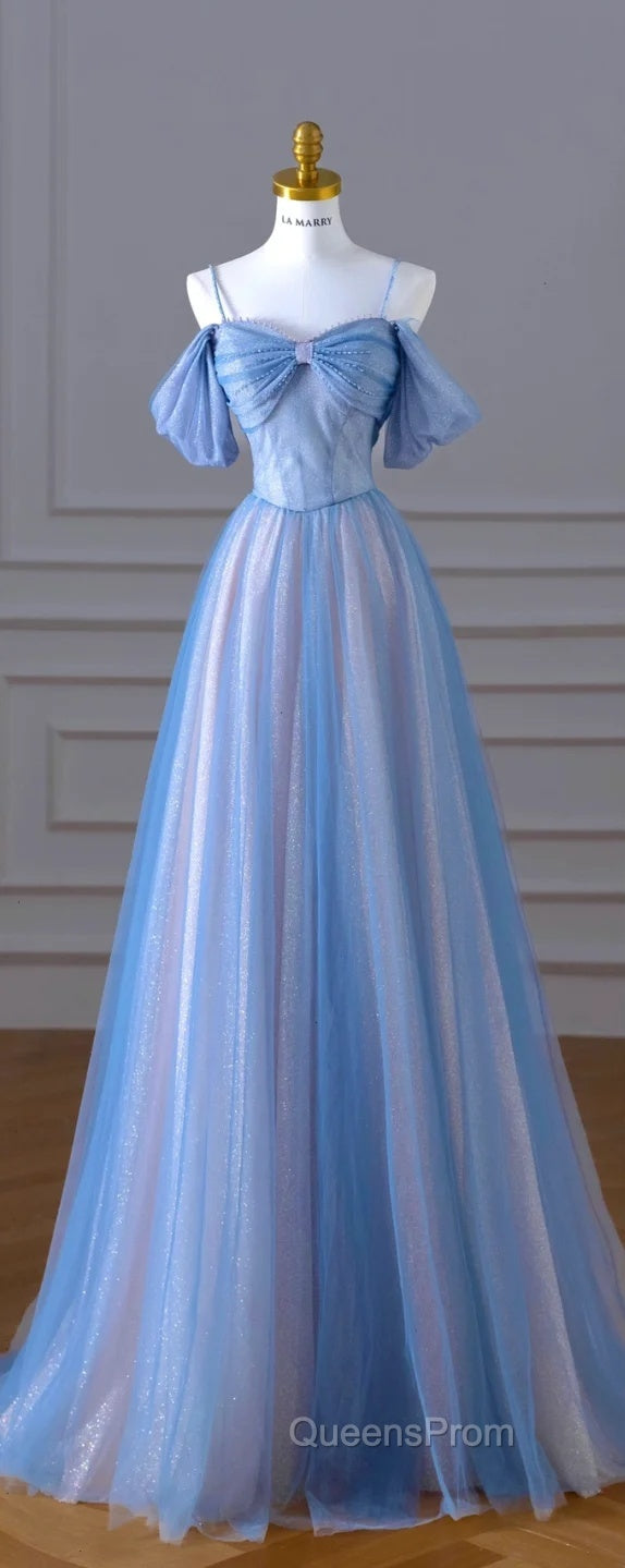 Classy A Line Spaghetti Straps Long Party Dress Blue Evening Prom Dress