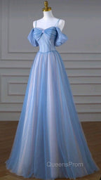 Classy A Line Spaghetti Straps Long Party Dress Blue Evening Prom Dress