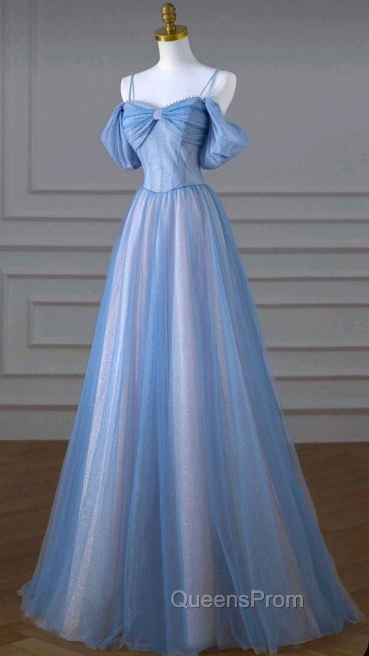 Classy A Line Spaghetti Straps Long Party Dress Blue Evening Prom Dress