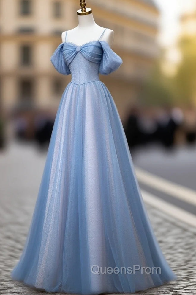 Classy A Line Spaghetti Straps Long Party Dress Blue Evening Prom Dress Main image