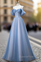 Classy A Line Spaghetti Straps Long Party Dress Blue Evening Prom Dress