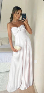 Classy A Line Strapless Light Pink Chiffon Long Classy Prom Dress Classy Evening Dress With Ruffles
