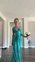 Classy A Line V Neckline Blue Satin Sleeveless Long Classy Prom Dress