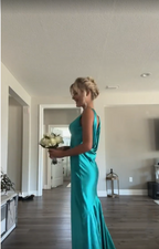 Classy A Line V Neckline Blue Satin Sleeveless Long Classy Prom Dress