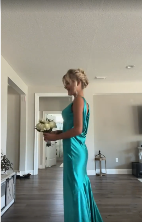 Classy A Line V Neckline Blue Satin Sleeveless Long Classy Prom Dress