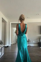 Classy A Line V Neckline Blue Satin Sleeveless Long Classy Prom Dress