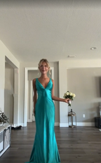 Classy A Line V Neckline Blue Satin Sleeveless Long Classy Prom Dress
