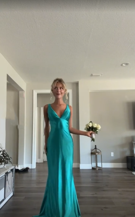 Classy A Line V Neckline Blue Satin Sleeveless Long Classy Prom Dress