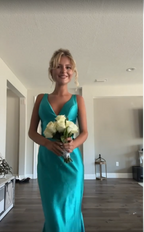 Classy A Line V Neckline Blue Satin Sleeveless Long Classy Prom Dress