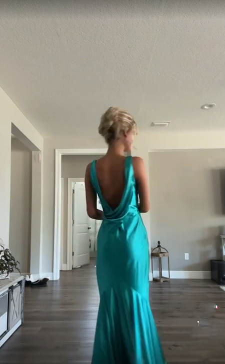 Classy A Line V Neckline Blue Satin Sleeveless Long Classy Prom Dress