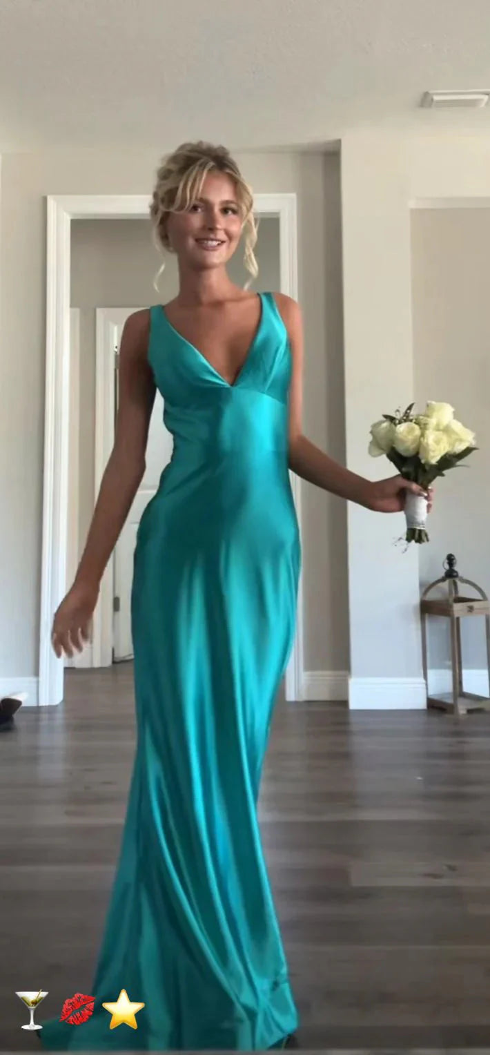 Classy A Line V Neckline Blue Satin Sleeveless Long Classy Prom Dress