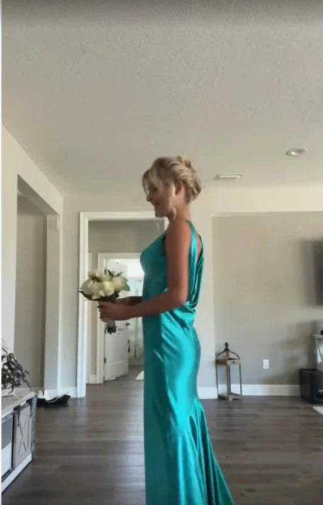 Classy A Line V Neckline Blue Satin Sleeveless Long Classy Prom Dress