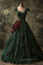 Classy Ball Gown Short Sleeves Dark Green Lace Long Party Dress Satin Evening Prom Dress