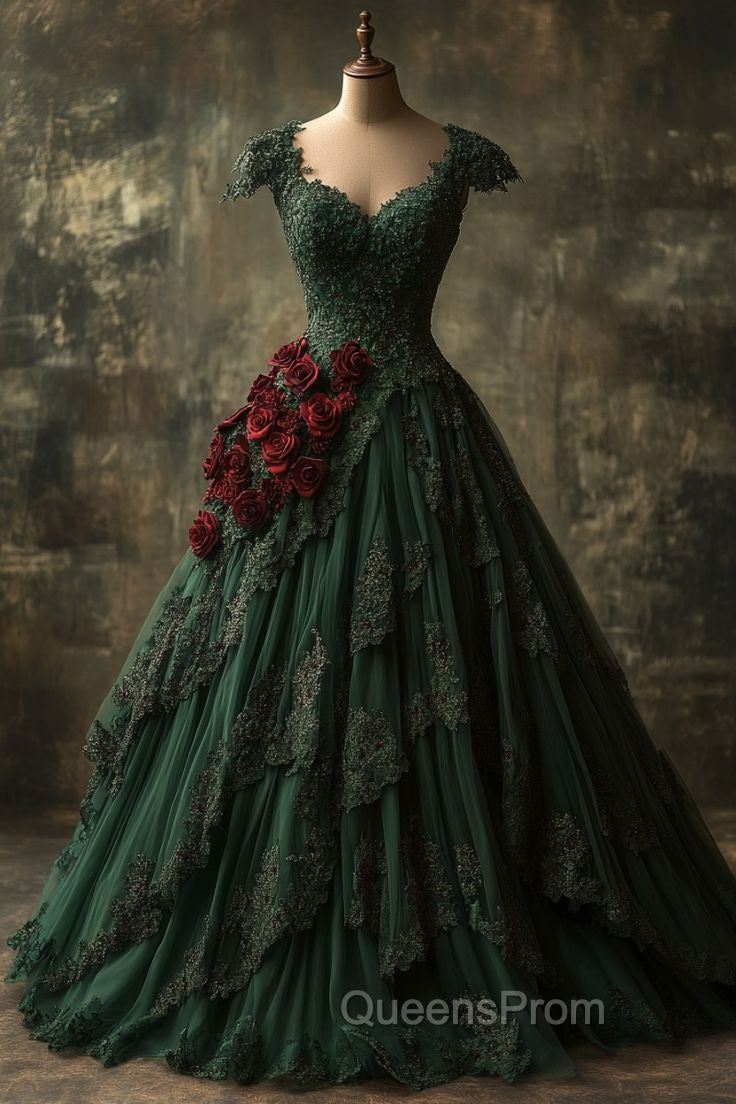 Classy Ball Gown Short Sleeves Dark Green Lace Long Party Dress Satin Evening Prom Dress