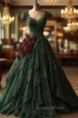 Classy Ball Gown Short Sleeves Dark Green Lace Long Party Dress Satin Evening Prom Dress