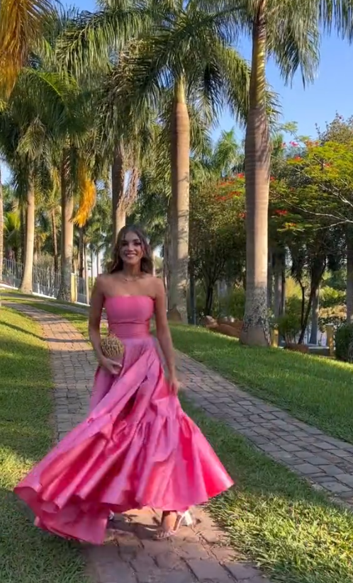Classy Ball Gown Strapless Pink Floor Length Satin Slit Classy Prom Dress Classy Evening Gowns