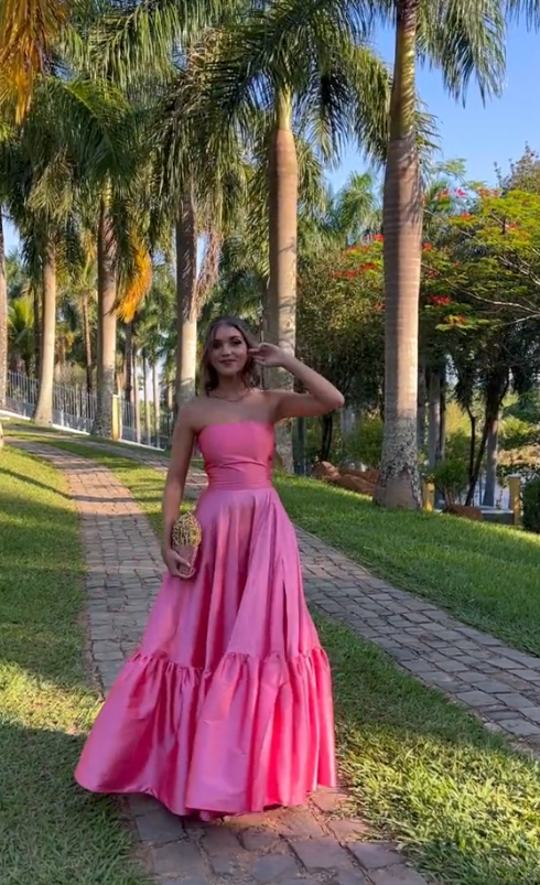 Classy Ball Gown Strapless Pink Floor Length Satin Slit Classy Prom Dress Classy Evening Gowns