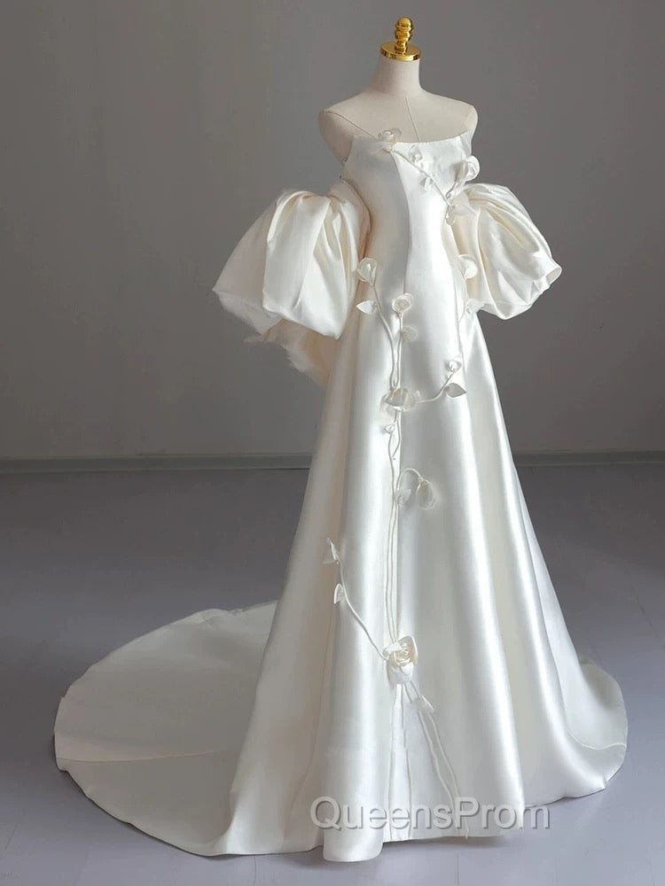 Classy Ball Gown Strapless Short Sleeves Satin White Wedding Dress Brides Dress Secondary image