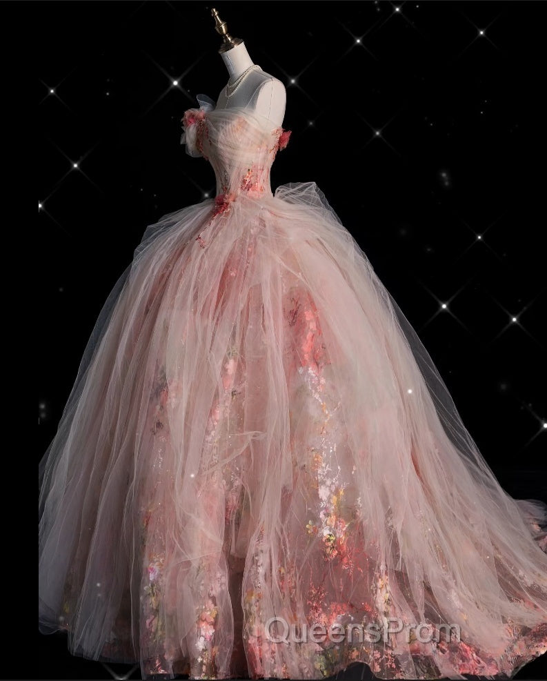 Classy Ball Gown Sweetheart Pink Floral Tulle Long Evening Dress Evening Prom Dress
