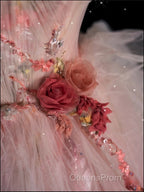 Classy Ball Gown Sweetheart Pink Floral Tulle Long Evening Dress Evening Prom Dress