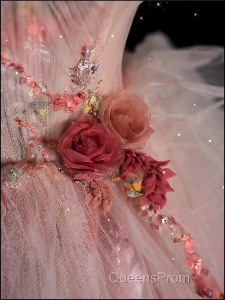 Classy Ball Gown Sweetheart Pink Floral Tulle Long Evening Dress Evening Prom Dress