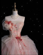 Classy Ball Gown Sweetheart Pink Floral Tulle Long Evening Dress Evening Prom Dress