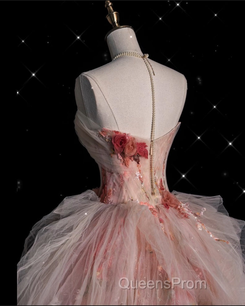 Classy Ball Gown Sweetheart Pink Floral Tulle Long Evening Dress Evening Prom Dress