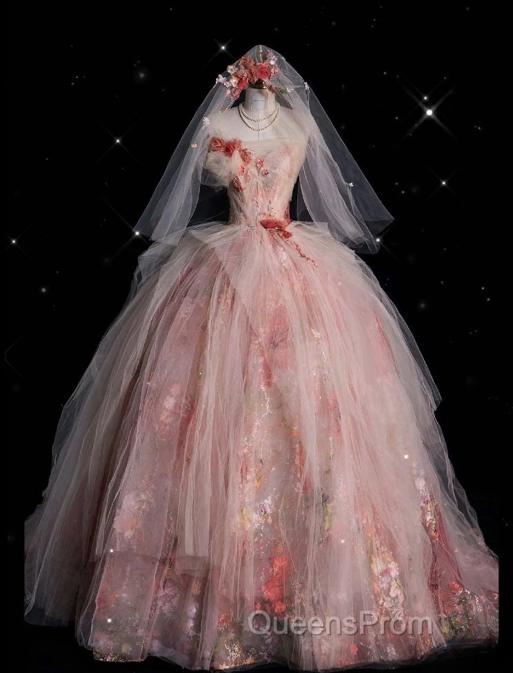 Classy Ball Gown Sweetheart Pink Floral Tulle Long Evening Dress Evening Prom Dress