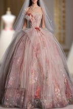 Classy Ball Gown Sweetheart Pink Floral Tulle Long Evening Dress Evening Prom Dress