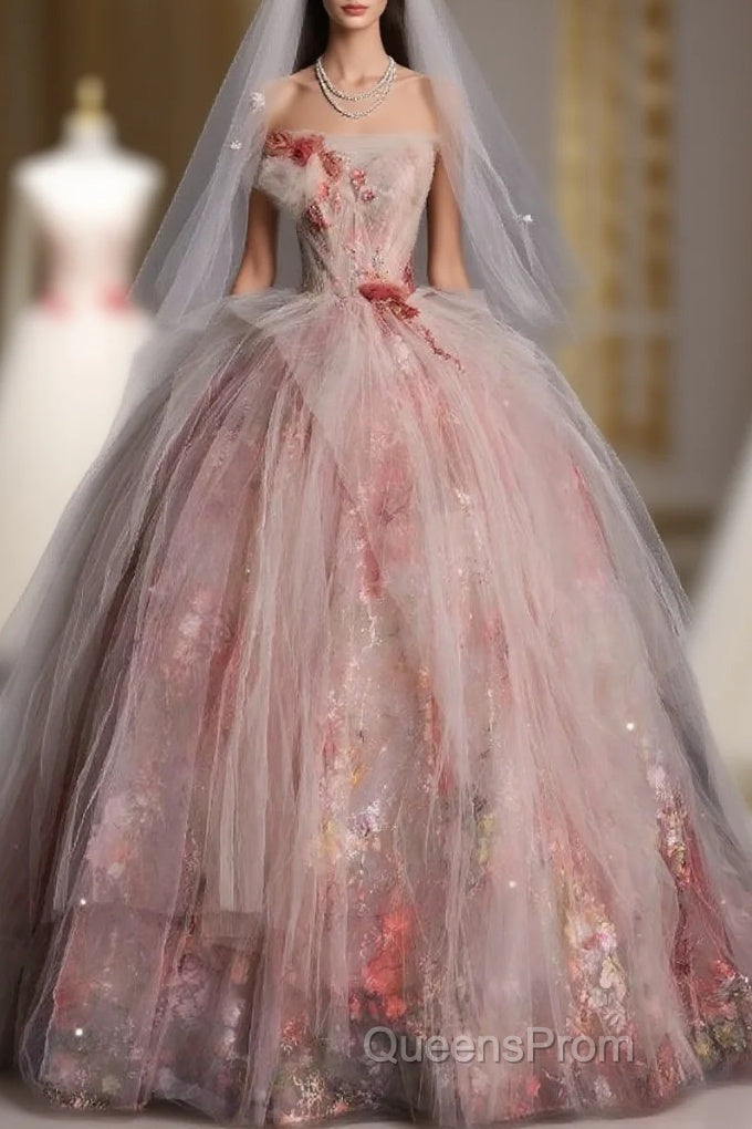 Classy Ball Gown Sweetheart Pink Floral Tulle Long Evening Dress Evening Prom Dress