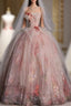 Classy Ball Gown Sweetheart Pink Floral Tulle Long Evening Dress Evening Prom Dress