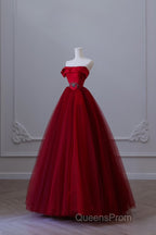 Classy Balll Gown Strapless Red Tulle Long Evening Dress Evening Prom Dress