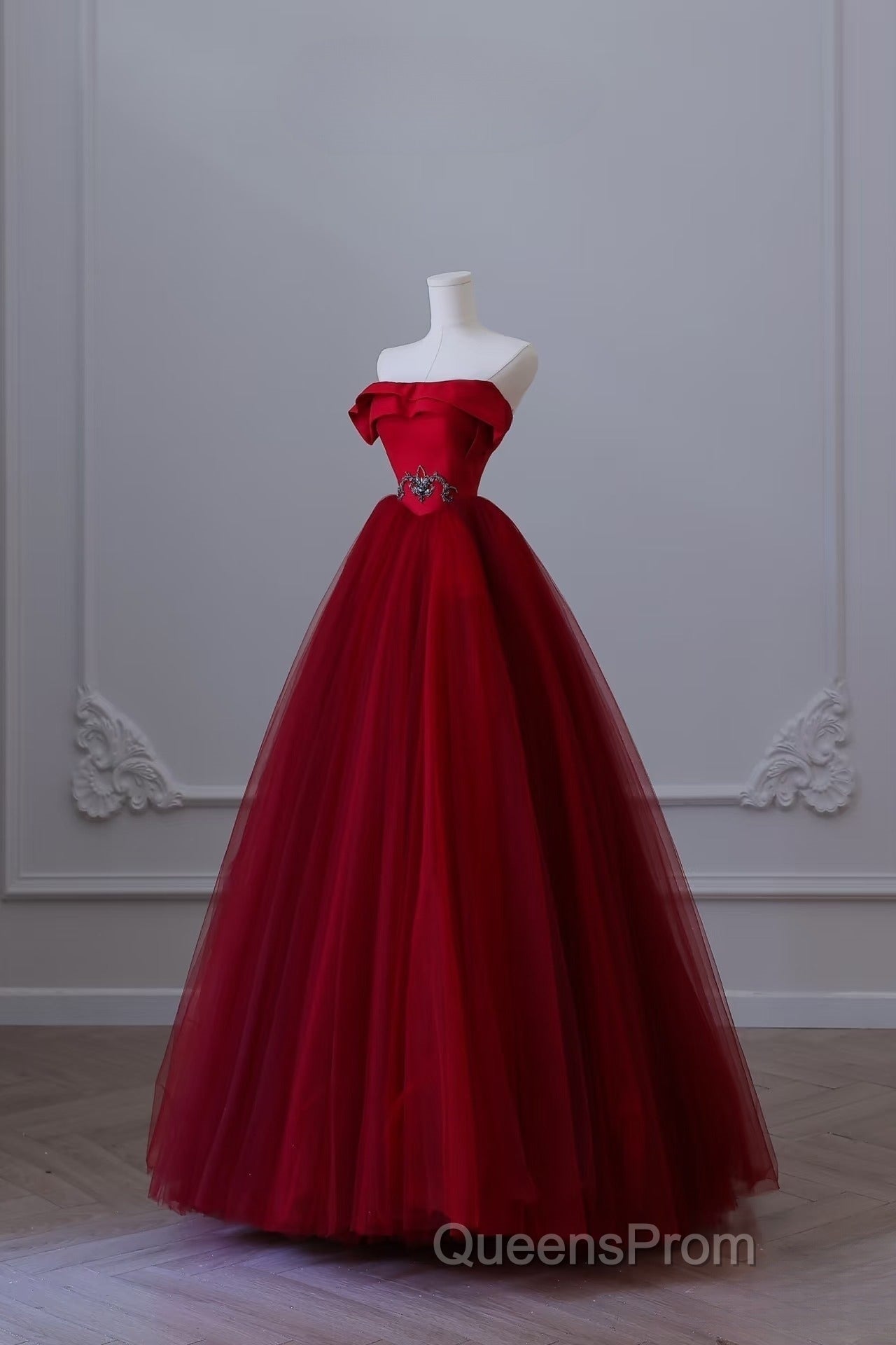Classy Balll Gown Strapless Red Tulle Long Evening Dress Evening Prom Dress