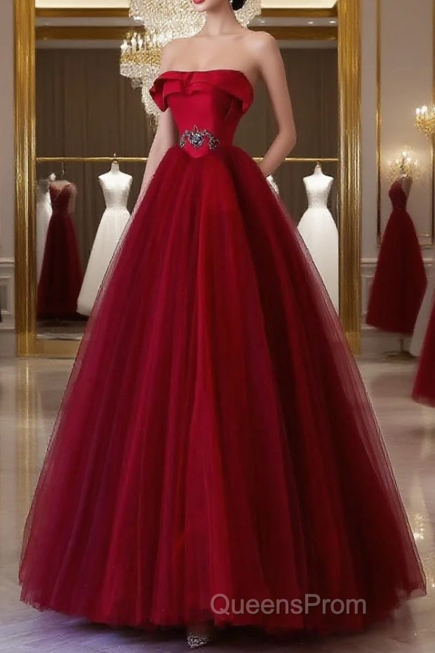 Classy Balll Gown Strapless Red Tulle Long Evening Dress Evening Prom Dress Main image