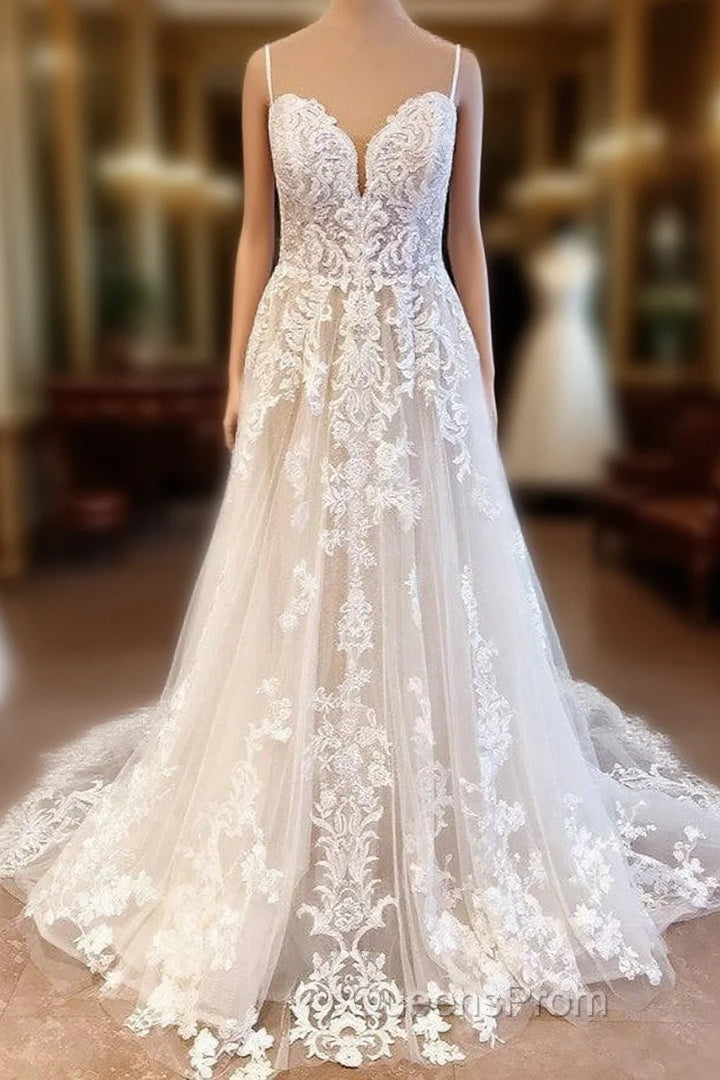 Classy Long A-Line Tulle Spaghetti Straps Appliques Lace Backless Wedding Dress Main image