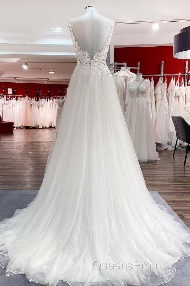 Classy Long A-line Tulle V Neck Sleeveless Lace Wedding Dress Secondary image