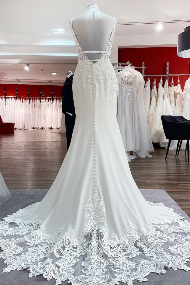 Classy Long Mermaid V-neck Satin Open Back Wedding Dress with Lace Appliques Secondary image