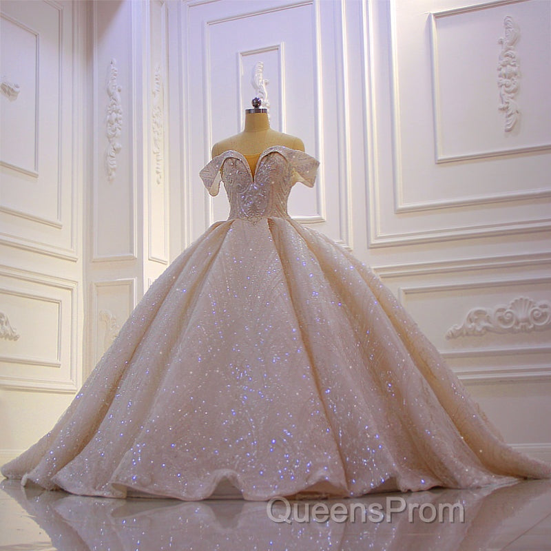 Classy Long Off the Shoulder Sequin Beading Satin Ball Gown Wedding Dress Secondary image