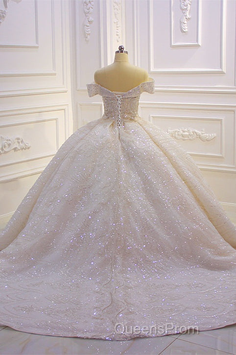 Classy Long Off the Shoulder Sequin Beading Satin Ball Gown Wedding Dress