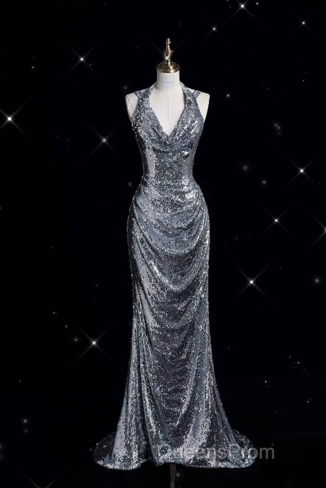 Classy Mermaid Halter Silver Sequin Long Evening Dress Sexy Evening Prom Dress Secondary image
