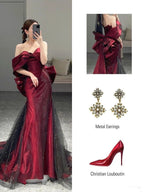 Classy Mermaid Off The Shoulder Burgundy Long Party Dress Sequin Classy Prom Dress