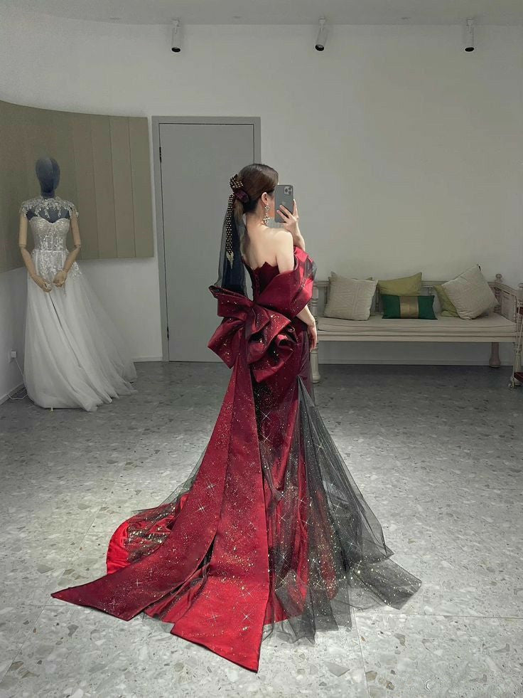 Classy Mermaid Off The Shoulder Burgundy Long Party Dress Sequin Classy Prom Dress