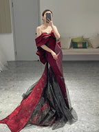 Classy Mermaid Off The Shoulder Burgundy Long Party Dress Sequin Classy Prom Dress
