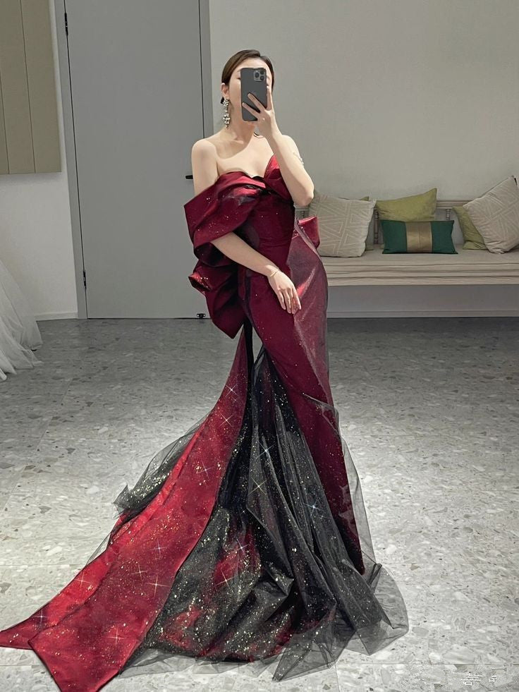 Classy Mermaid Off The Shoulder Burgundy Long Party Dress Sequin Classy Prom Dress