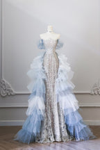 Classy Mermaid Off The Shoulder Neckline Sequin Ruffles Long Evening Dress Evening Prom Dress