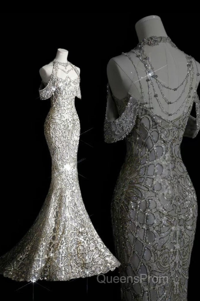Classy Mermaid Off The Shoulder Silver Sequin Long Party Dress Evening Prom Dress Secondary image