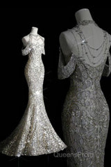 Classy Mermaid Off The Shoulder Silver Sequin Long Party Dress Evening Prom Dress