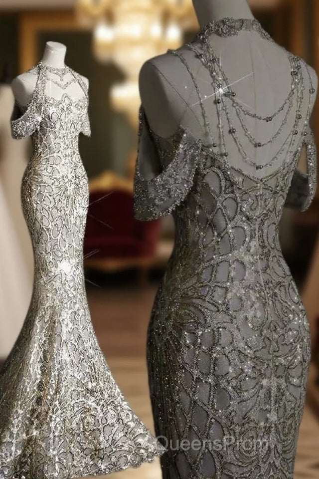Classy Mermaid Off The Shoulder Silver Sequin Long Party Dress Evening Prom Dress